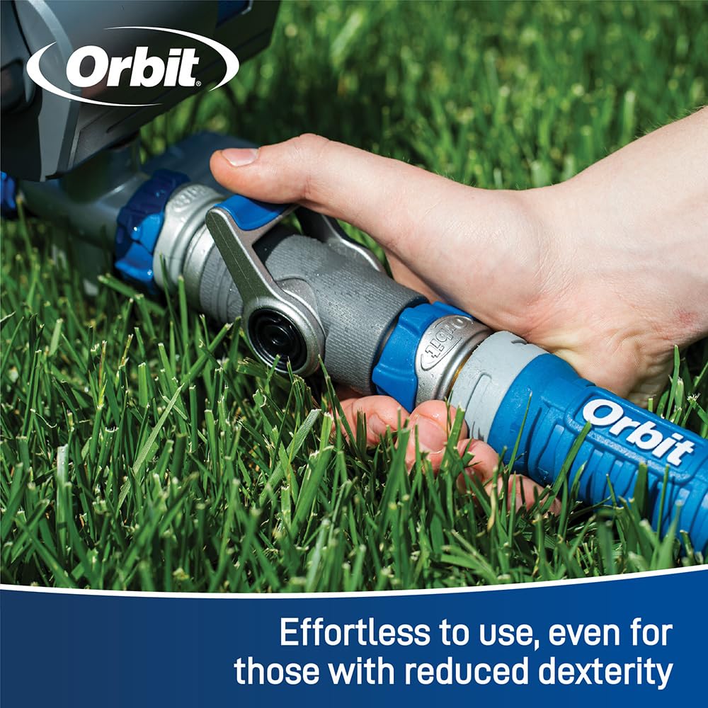 Orbit heavy-duty shut-off hose connector connects hoses and allows flow control at the end