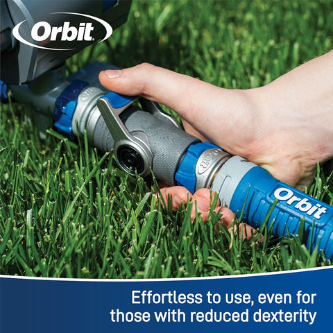 Orbit heavy-duty shut-off hose connector connects hoses and allows flow control at the end