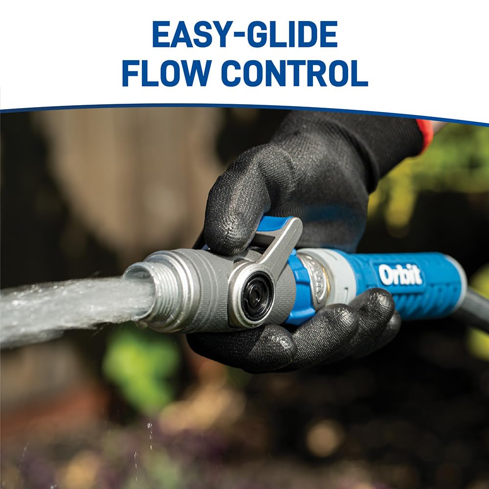 Orbit heavy-duty shut-off hose connector in-use demonstrates quick adjustments during yard tasks