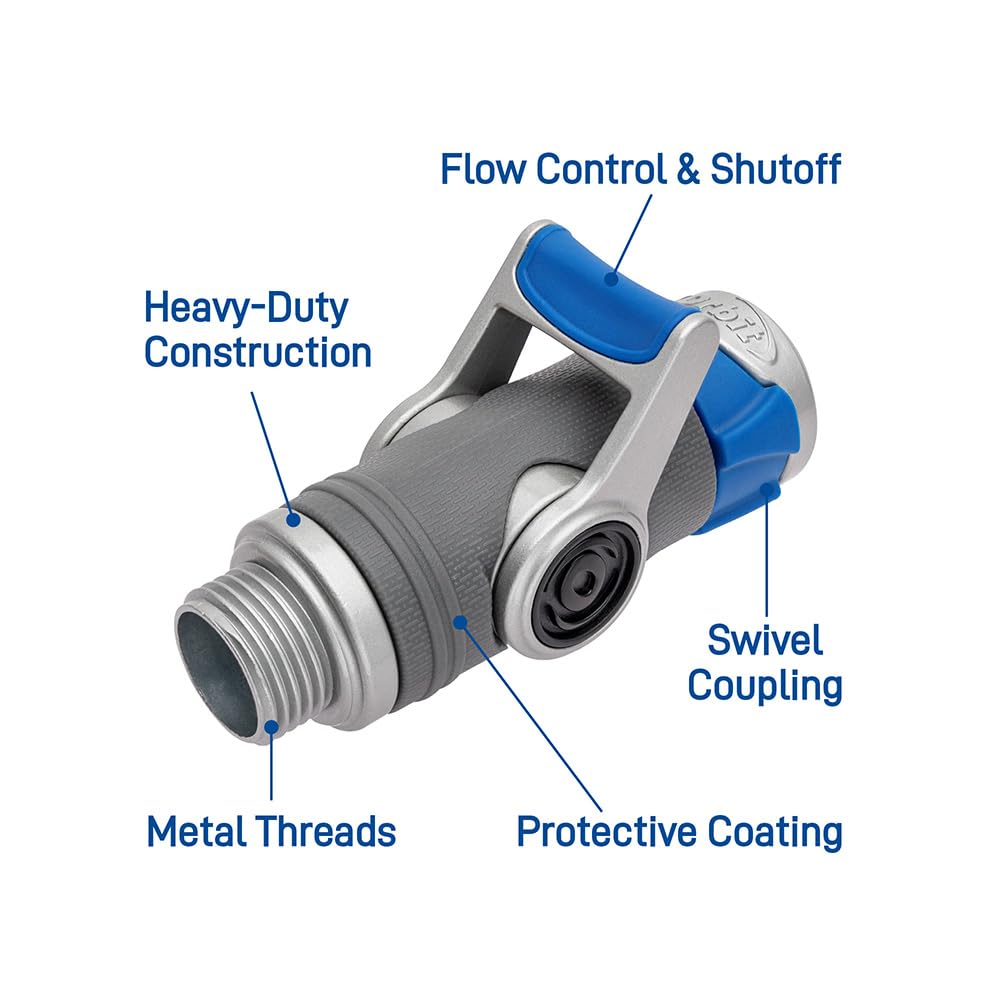 Orbit heavy-duty shut-off hose connector lever-action demonstrates easy on-off at the hose end
