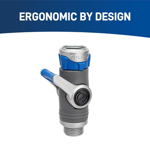 Orbit heavy-duty shut-off hose connector textured grip supports secure handling when wet