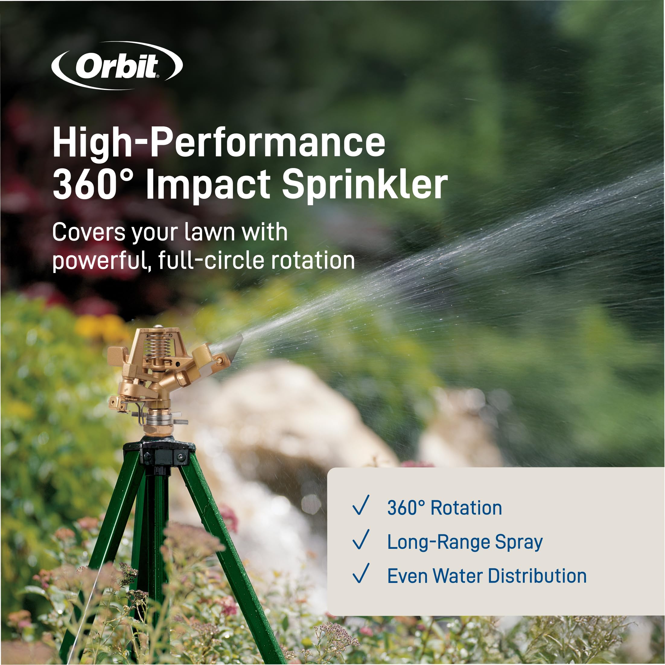 Orbit high-pressure nozzle delivering long-range watering to distant corners.