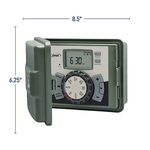 Orbit timer mounted for versatile indoor/outdoor installation in a yard.