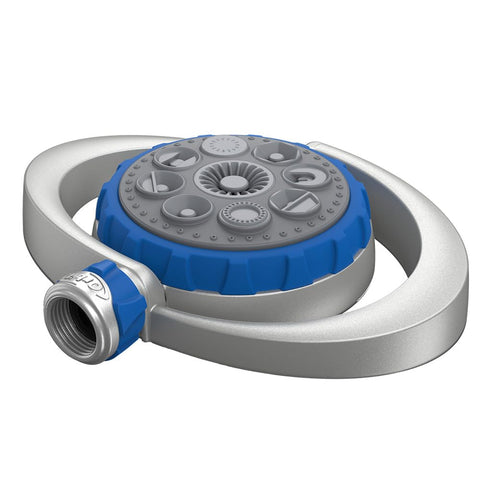 Orbit Metal 8-Pattern Turret Sprinkler with weighted base for stable yard coverage.