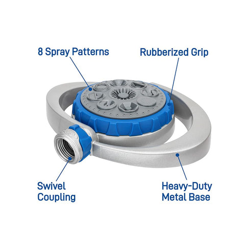 Orbit Metal 8-Pattern Turret Sprinkler reaches up to 35 feet for medium lawns.