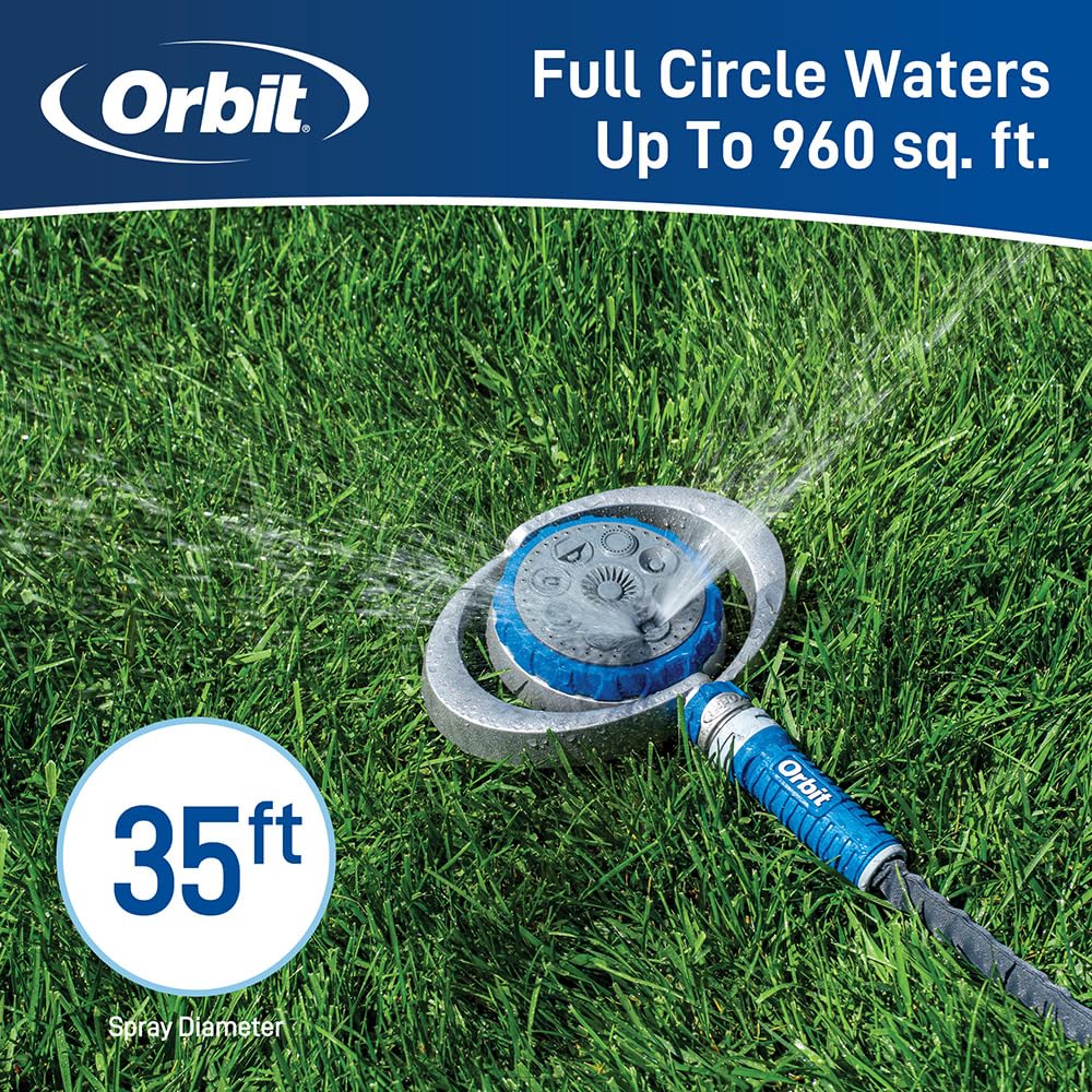 Orbit Metal 8-Pattern Turret Sprinkler shows eight patterns for versatile irrigation.