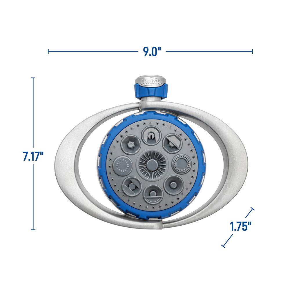 Orbit Metal 8-Pattern Turret Sprinkler includes swivel coupling for quick setup.