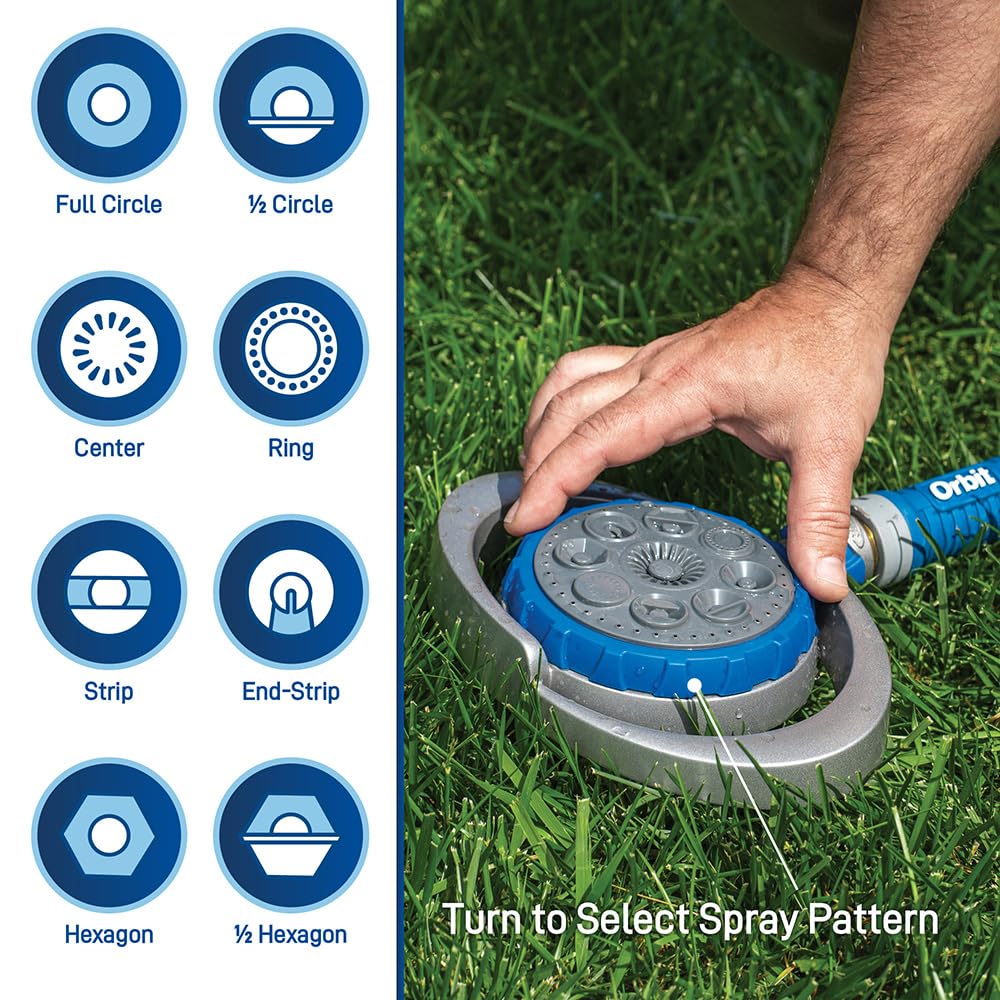 Orbit Metal 8-Pattern Turret Sprinkler features a weighted base for stable placement.