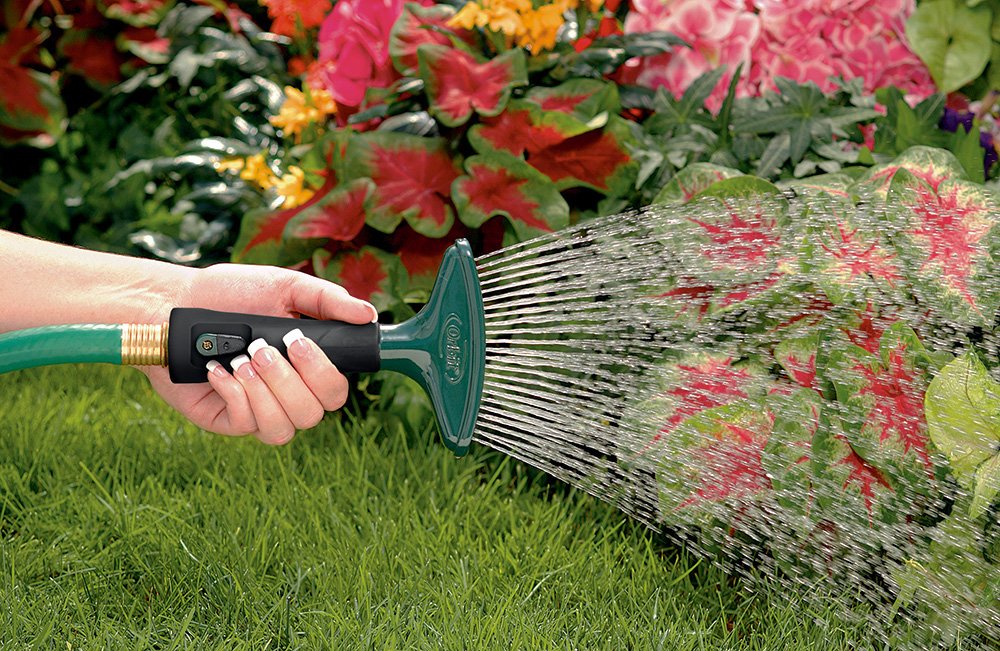 Orbit metal fan spray nozzle shows a convenient shut-off lever for on-off water without trips to the faucet.
