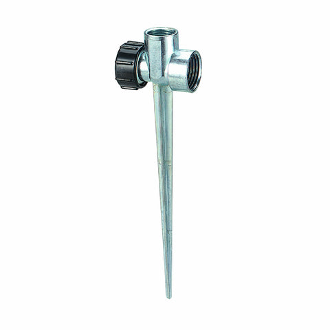 Orbit 58034N in-use sprinkler spike base demonstrates quick repositioning for even coverage.