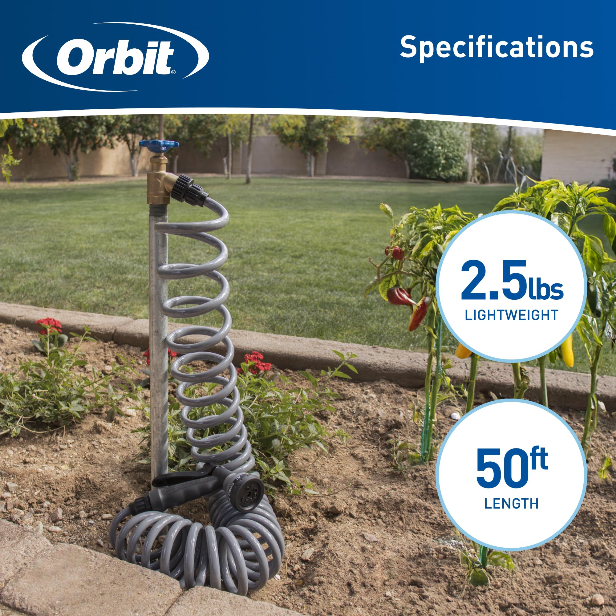 Orbit rear-trigger nozzle grip, comfortable handling for long watering sessions.