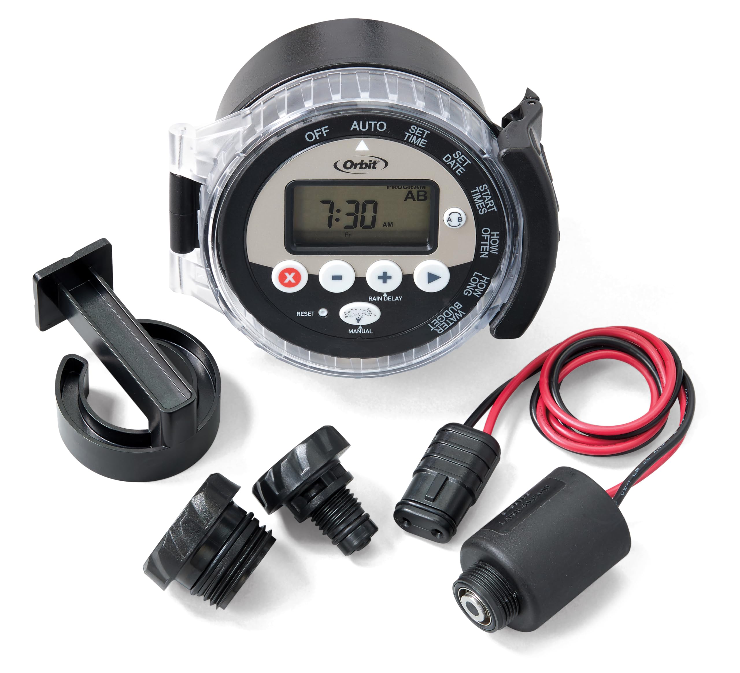 Orbit outdoor battery-powered sprinkler controller for wireless lawn irrigation setup