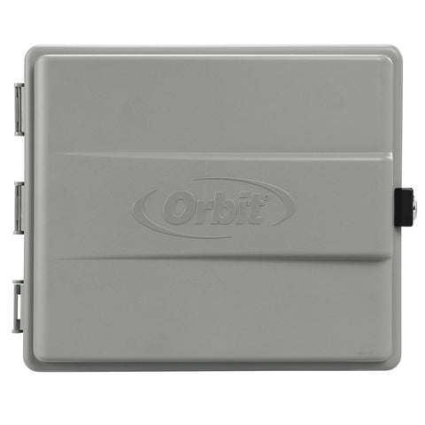 Orbit Outdoor Sprinkler Cabinet front view shows weather resistant housing for outdoor timer.