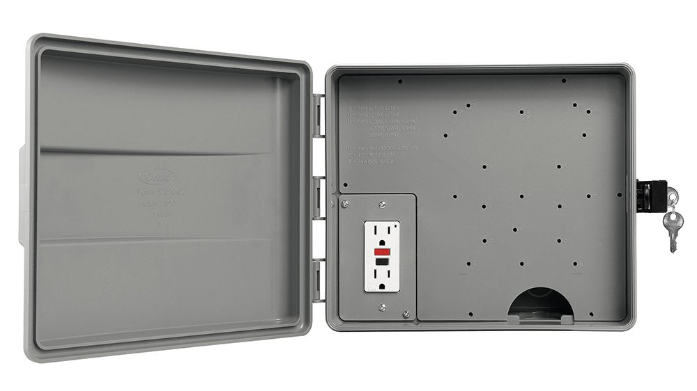 Orbit Outdoor Sprinkler Cabinet hinged door with lock prevents tampering during setup.