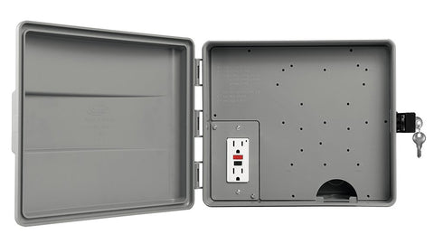 Orbit Outdoor Sprinkler Cabinet hinged door with lock prevents tampering during setup.