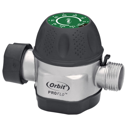 Orbit Pro Flo metal timer exterior, durable outdoor watering control for yards.