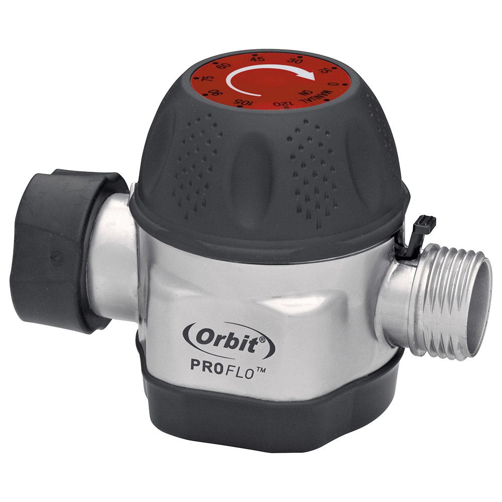 Orbit Pro Flo timer on hose assembly shows quick, simple outdoor setup.