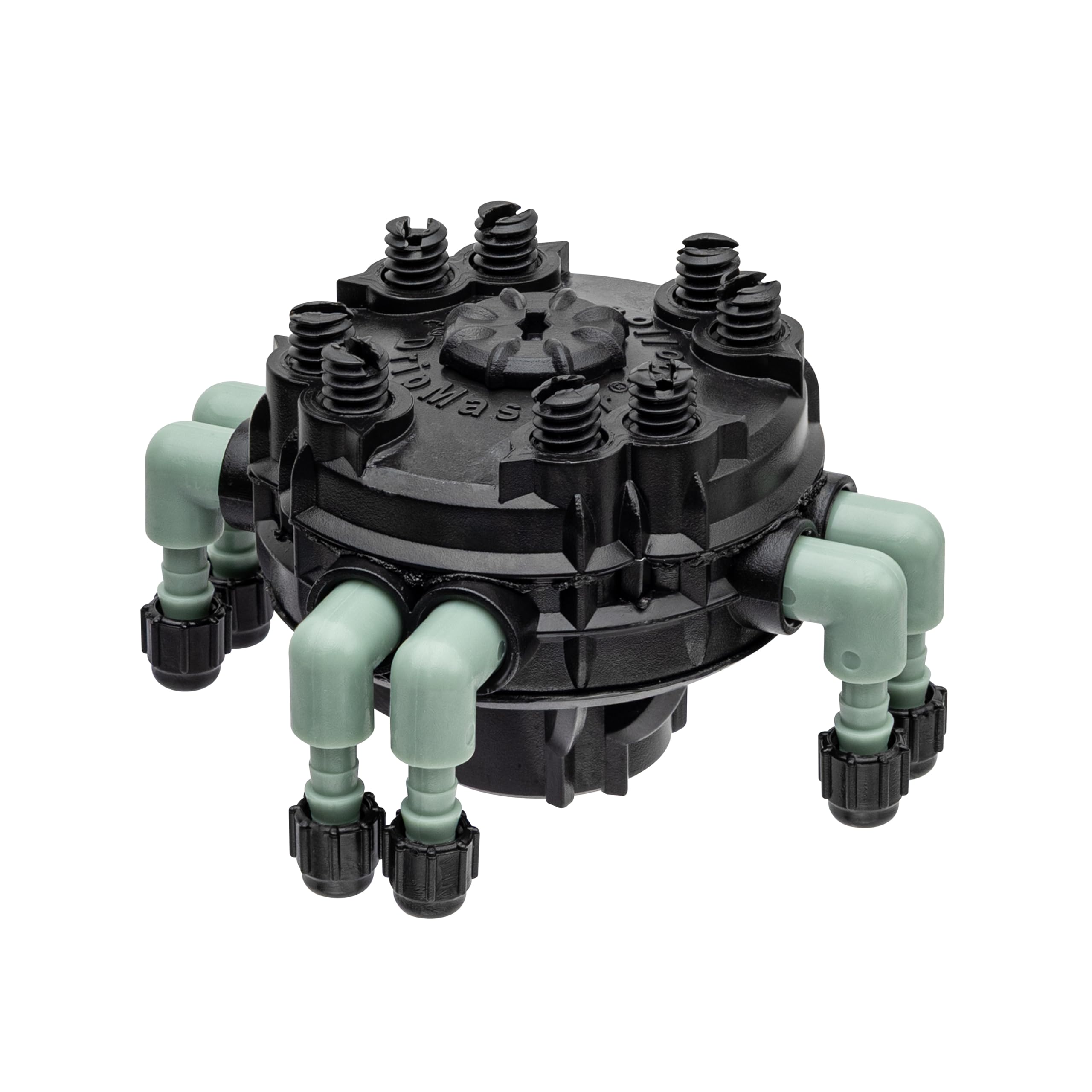 Orbit quarter-inch tubing barbs rotatable for flexible routing.
