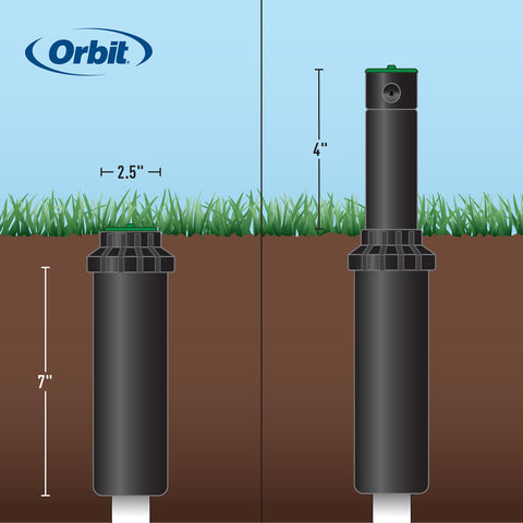 Orbit Saturn III pop-up riser clears tall grass for better spray access.