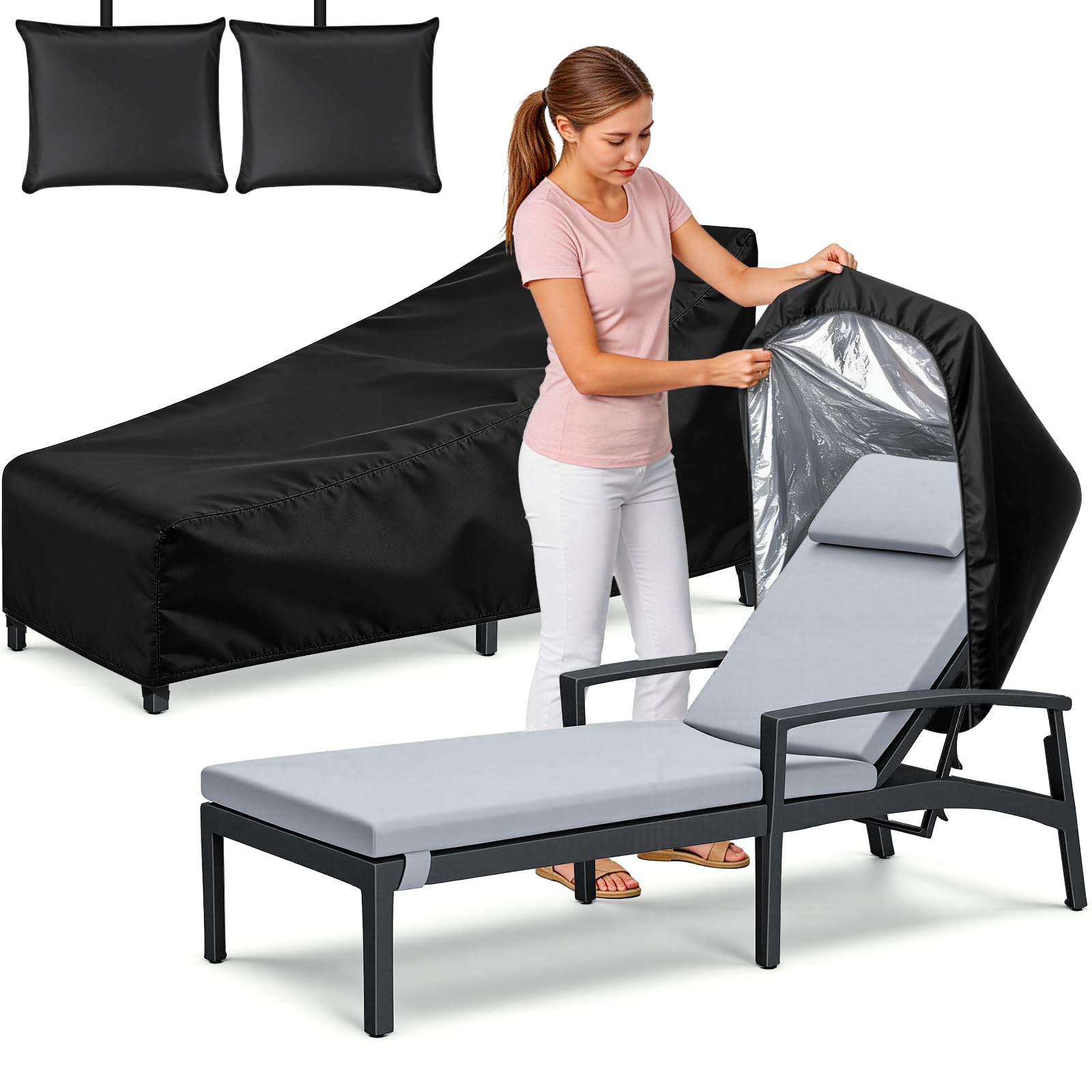 OrbitShell chaise cover protects two outdoor loungers from sun and rain.