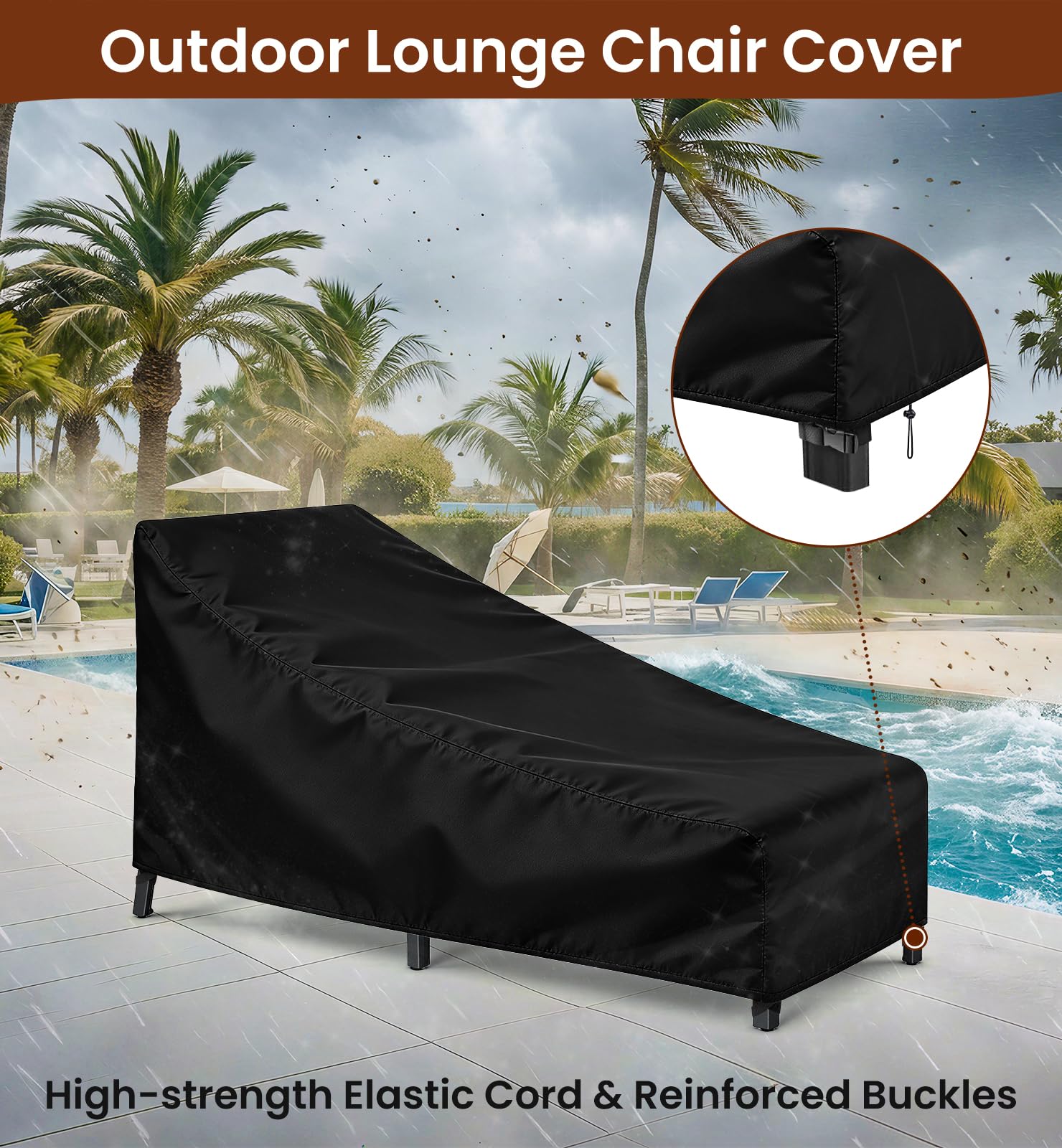 OrbitShell cover with reinforced buckles securing a lounge chair.