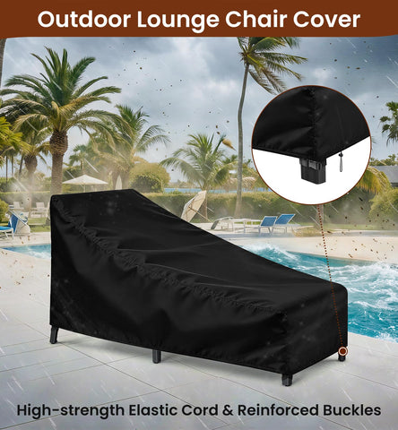 OrbitShell cover with reinforced buckles securing a lounge chair.
