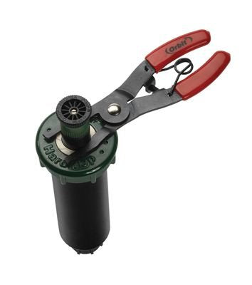 Orbit spray head pull-up tool with scissor jaws clamping riser for secure nozzle replacement
