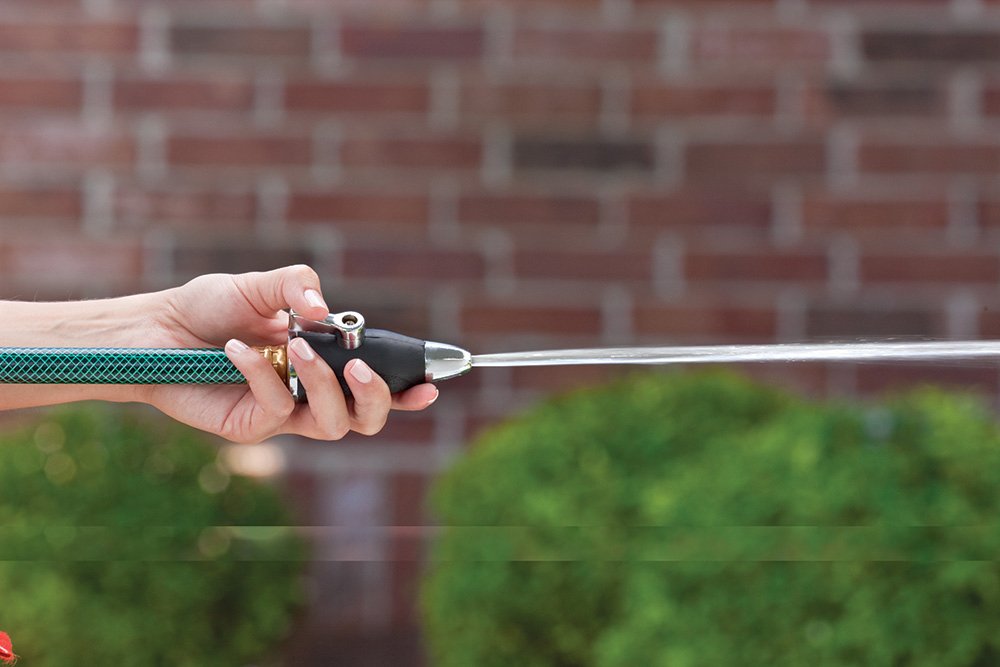 Orbit SunMate shut-off lever detail enables fingertip water control during chores.