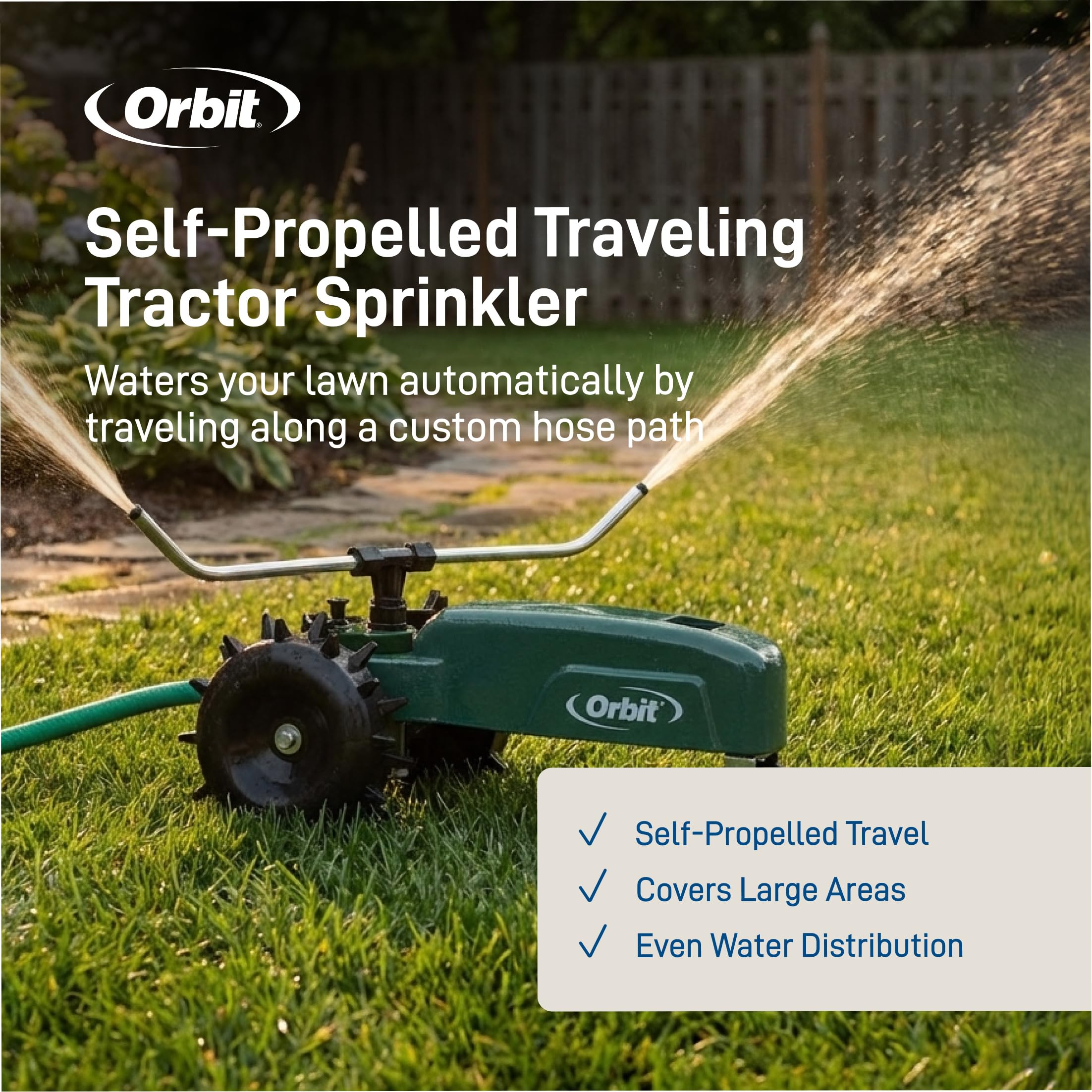 Orbit 58322 Traveling Tractor Water Sprinkler cast-iron body promises durable, long-lasting performance