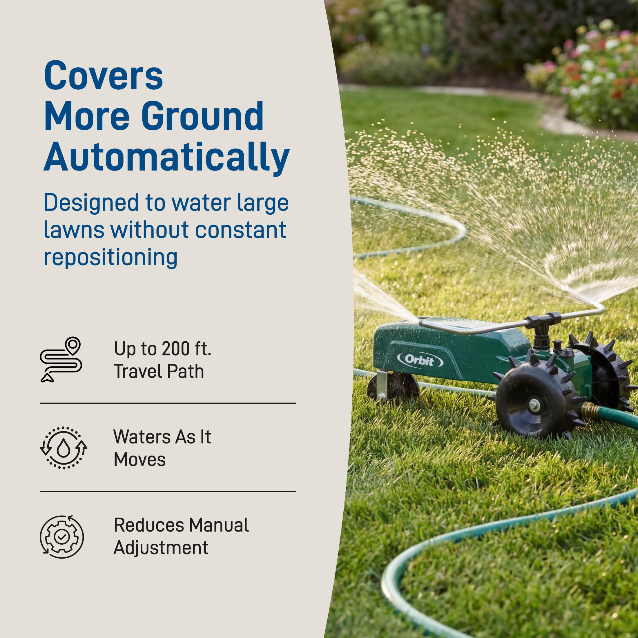 Orbit 58322 Traveling Tractor Water Sprinkler durable gears enable smooth travel along the hose