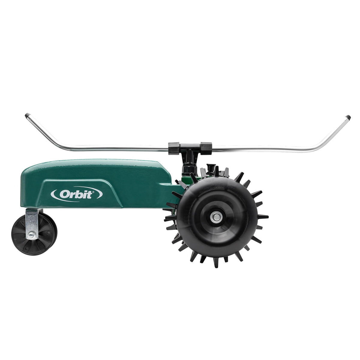 Orbit 58322 Traveling Tractor Water Sprinkler guides the hose path for even lawn watering