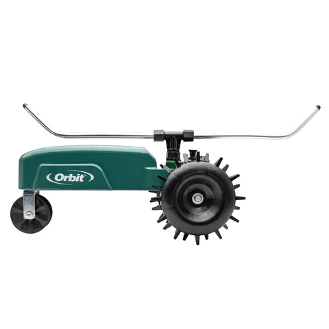 Orbit 58322 Traveling Tractor Water Sprinkler guides the hose path for even lawn watering