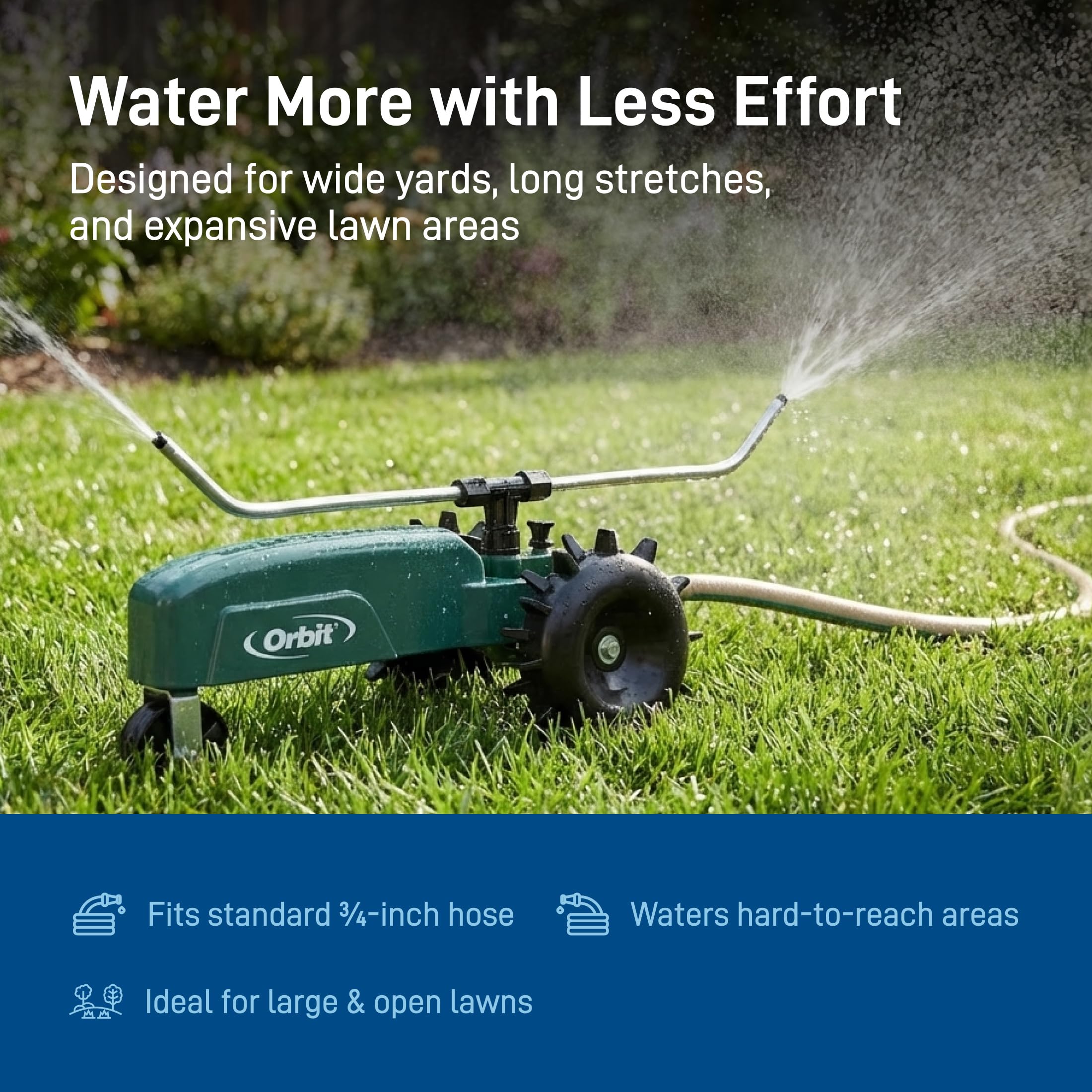 Orbit 58322 Traveling Tractor Water Sprinkler ramp stop allows precise shut-off on the go