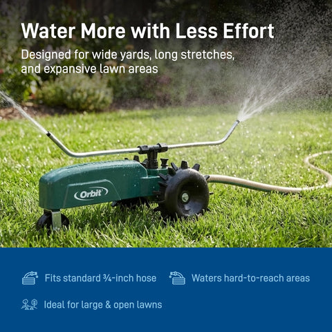 Orbit 58322 Traveling Tractor Water Sprinkler ramp stop allows precise shut-off on the go