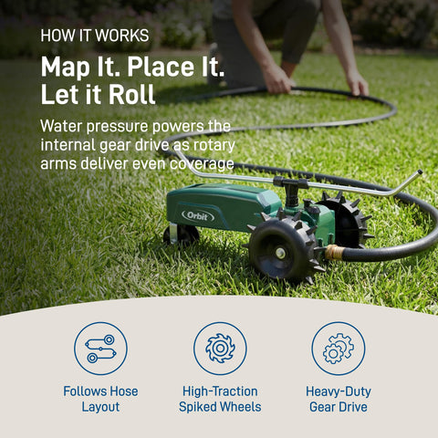 Orbit 58322 Traveling Tractor Water Sprinkler spiked rear wheels ensure stable traversal