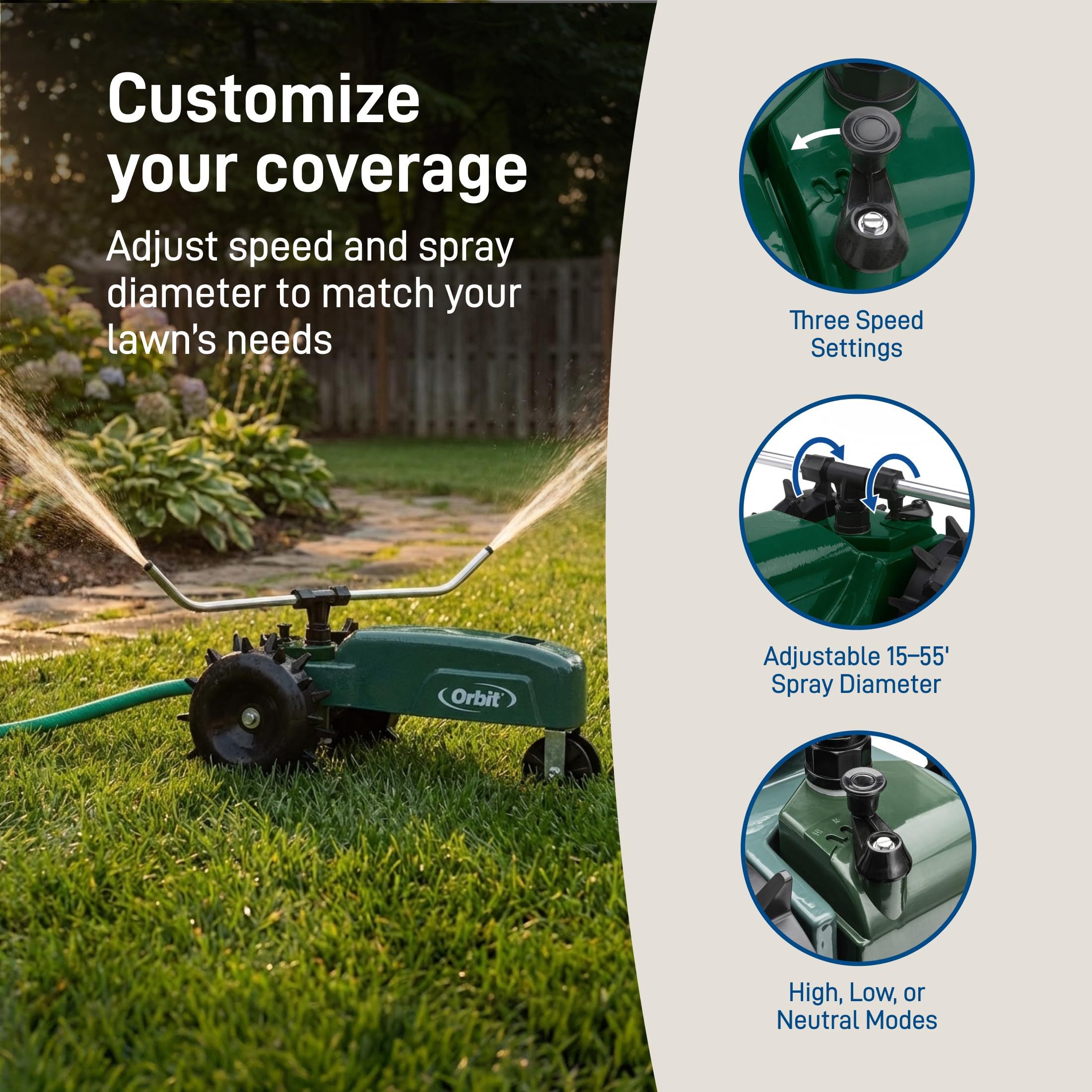 Orbit 58322 Traveling Tractor Water Sprinkler adjustable spray diameter from 15 to 55 ft for versatile coverage