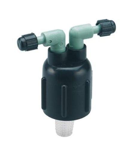 Orbit 67030 two-port manifold connected to a 1/4 inch drip line for precise watering