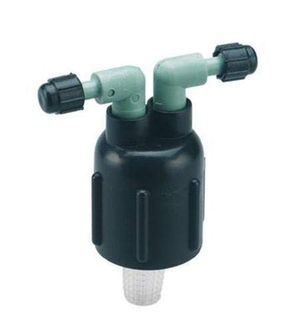 Orbit 67030 two-port manifold connected to a 1/4 inch drip line for precise watering