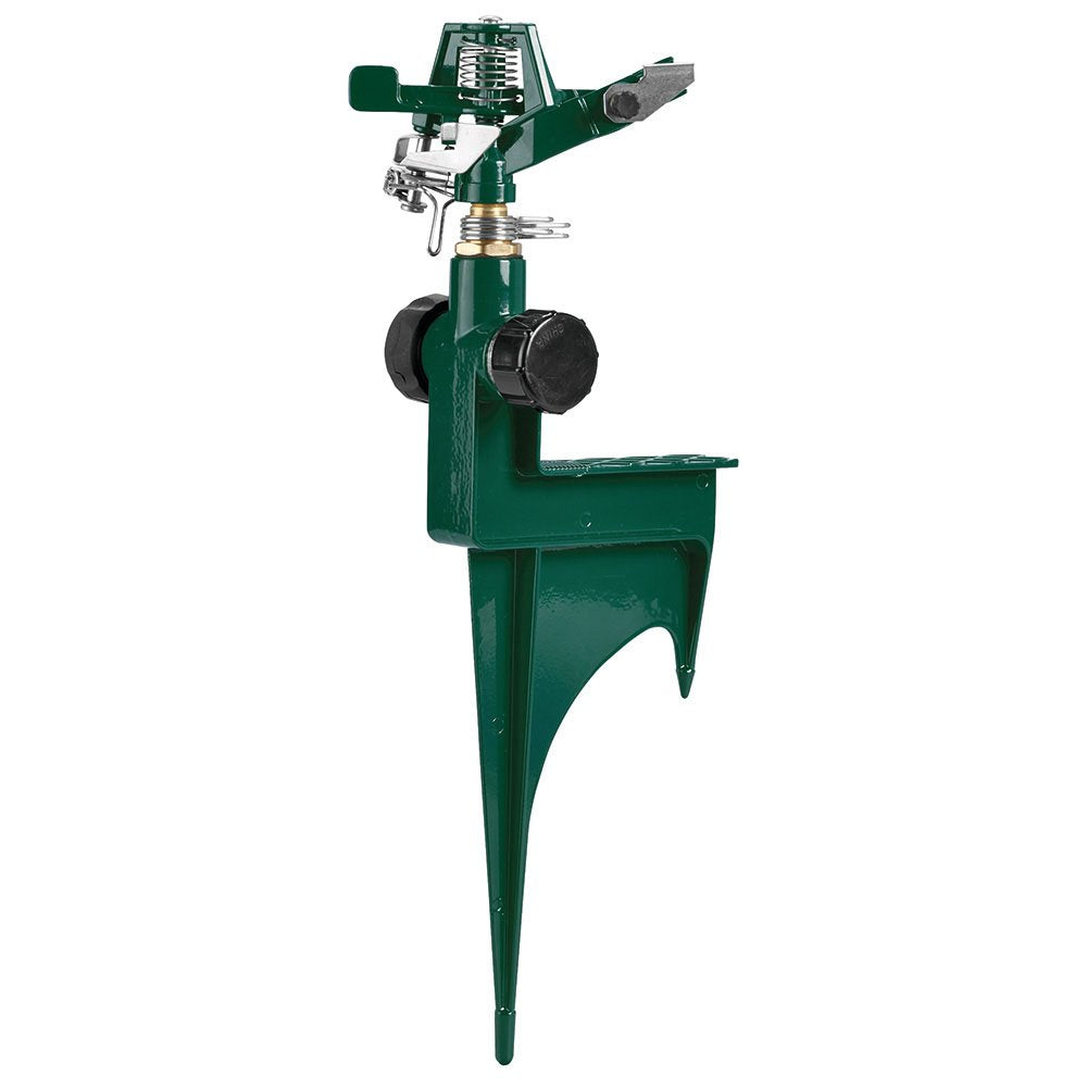 Orbit zinc impact sprinkler with deflector shield enabling adjustable coverage