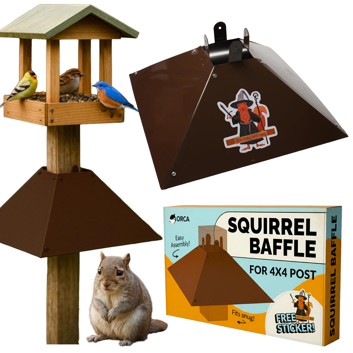 Orca Squirrel Baffle on a 4x4 post deters squirrels from bird feeders.