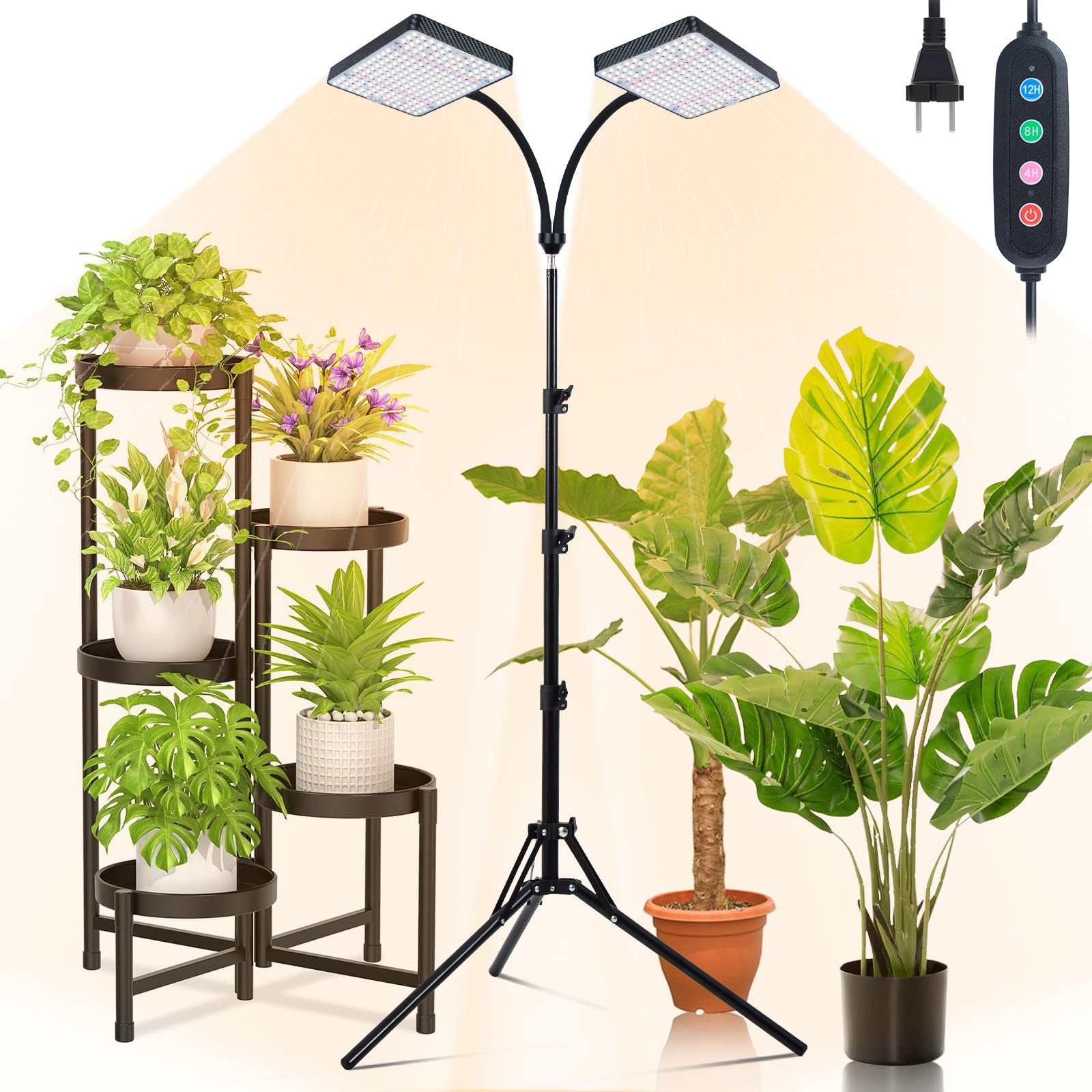 Orchbloom 2Head Grow Light on a stand illuminates indoor plants with versatile lighting.