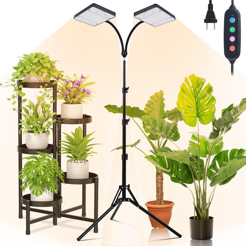 Orchbloom 2Head Grow Light on a stand illuminates indoor plants with versatile lighting.