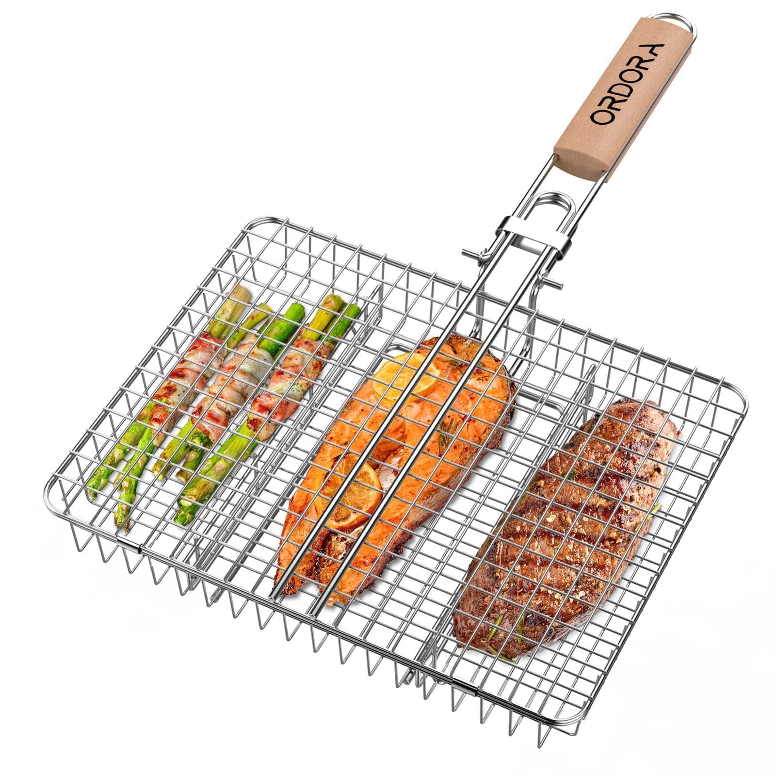 ORDORA grill basket with wooden handle for easy, safe grilling