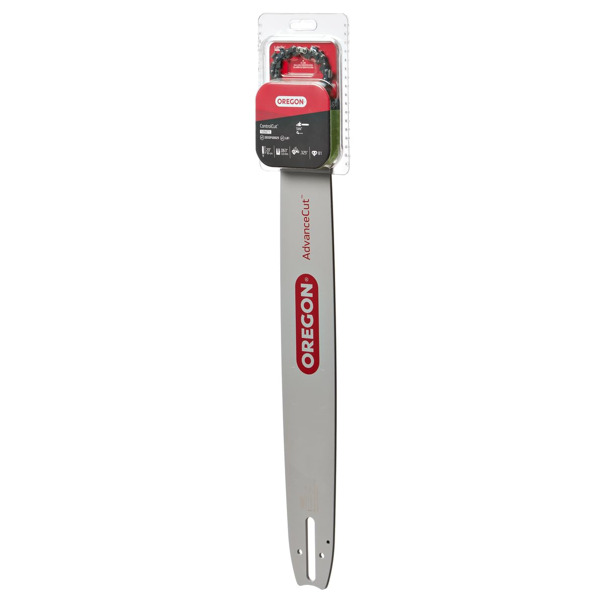 Oregon 20-inch replacement bar viewed from the side for durable yard work.