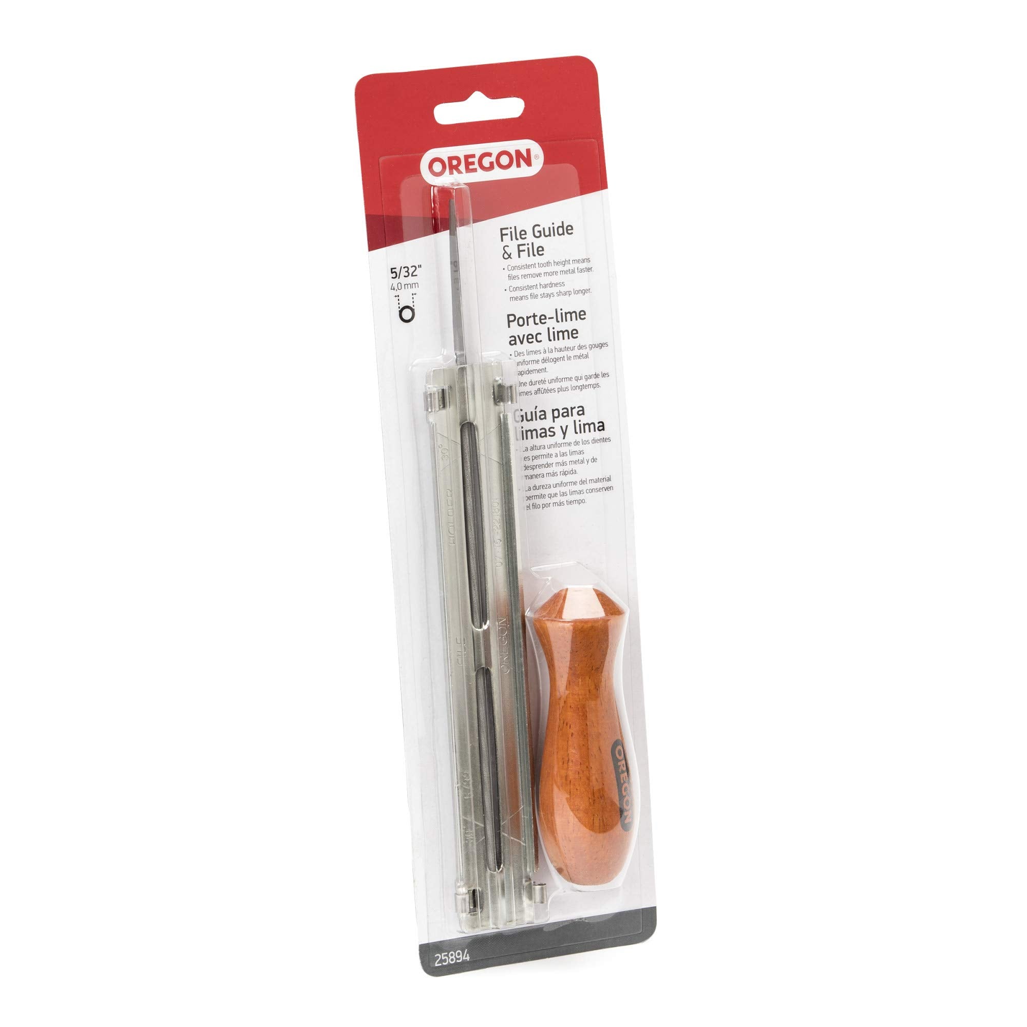 Oregon 25894 round file included for immediate sharpening tasks.