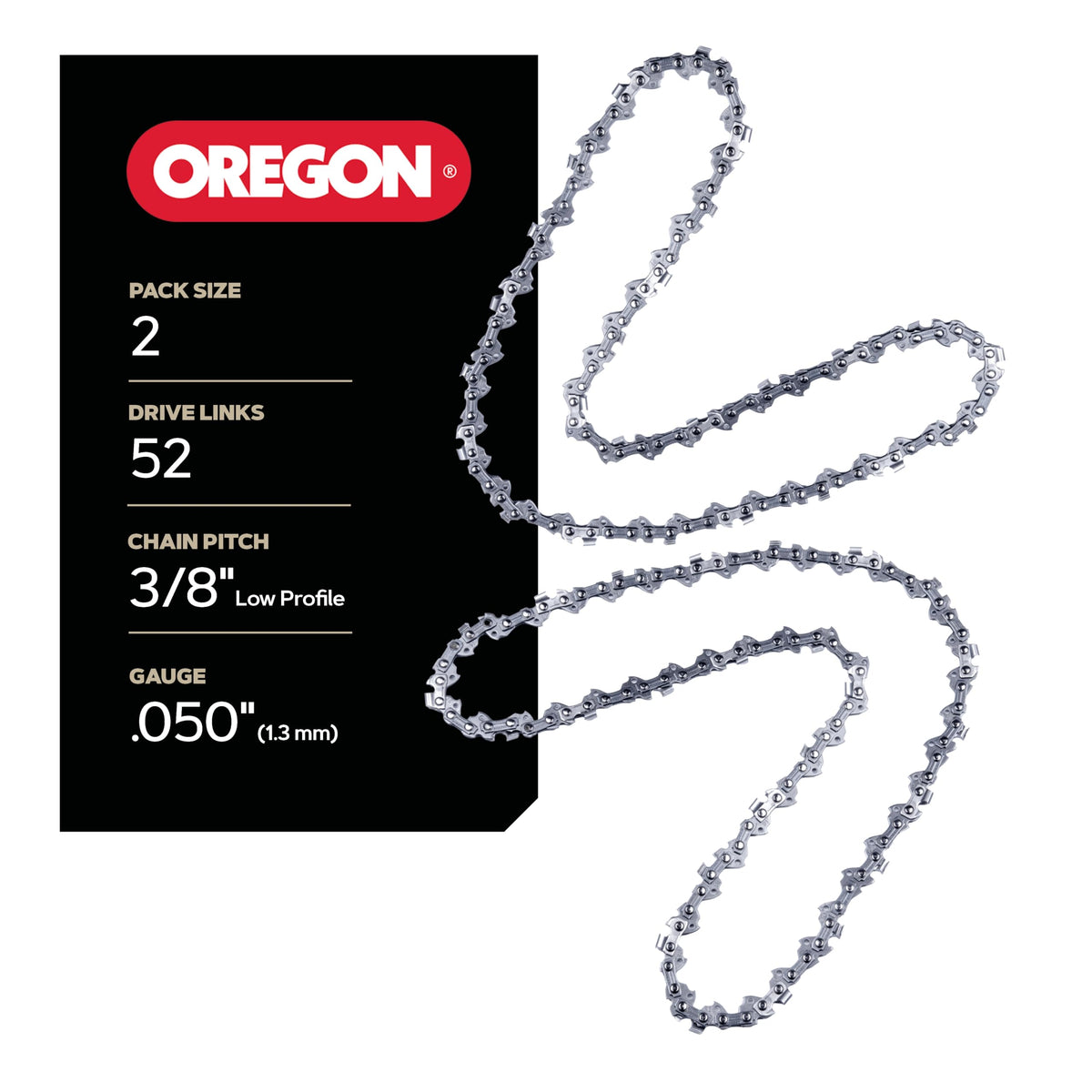 Oregon 2-pack chain on a 14-inch bar with 3/8 LP pitch and 52 links for smooth cutting