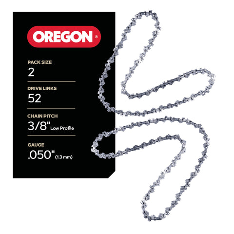 Oregon 2-pack chain on a 14-inch bar with 3/8 LP pitch and 52 links for smooth cutting