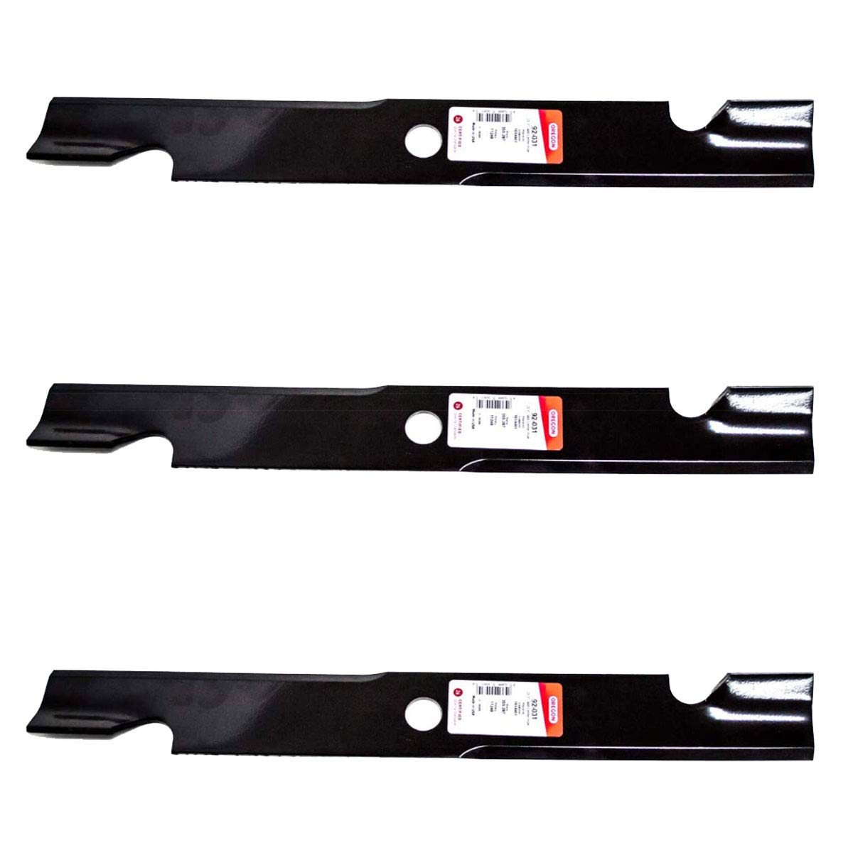 Oregon 3-pack mower blades for Exmark 60-inch deck; precise, clean cuts and durability.