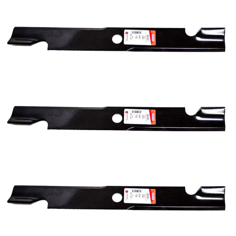 Oregon 3-pack mower blades for Exmark 60-inch deck; precise, clean cuts and durability.