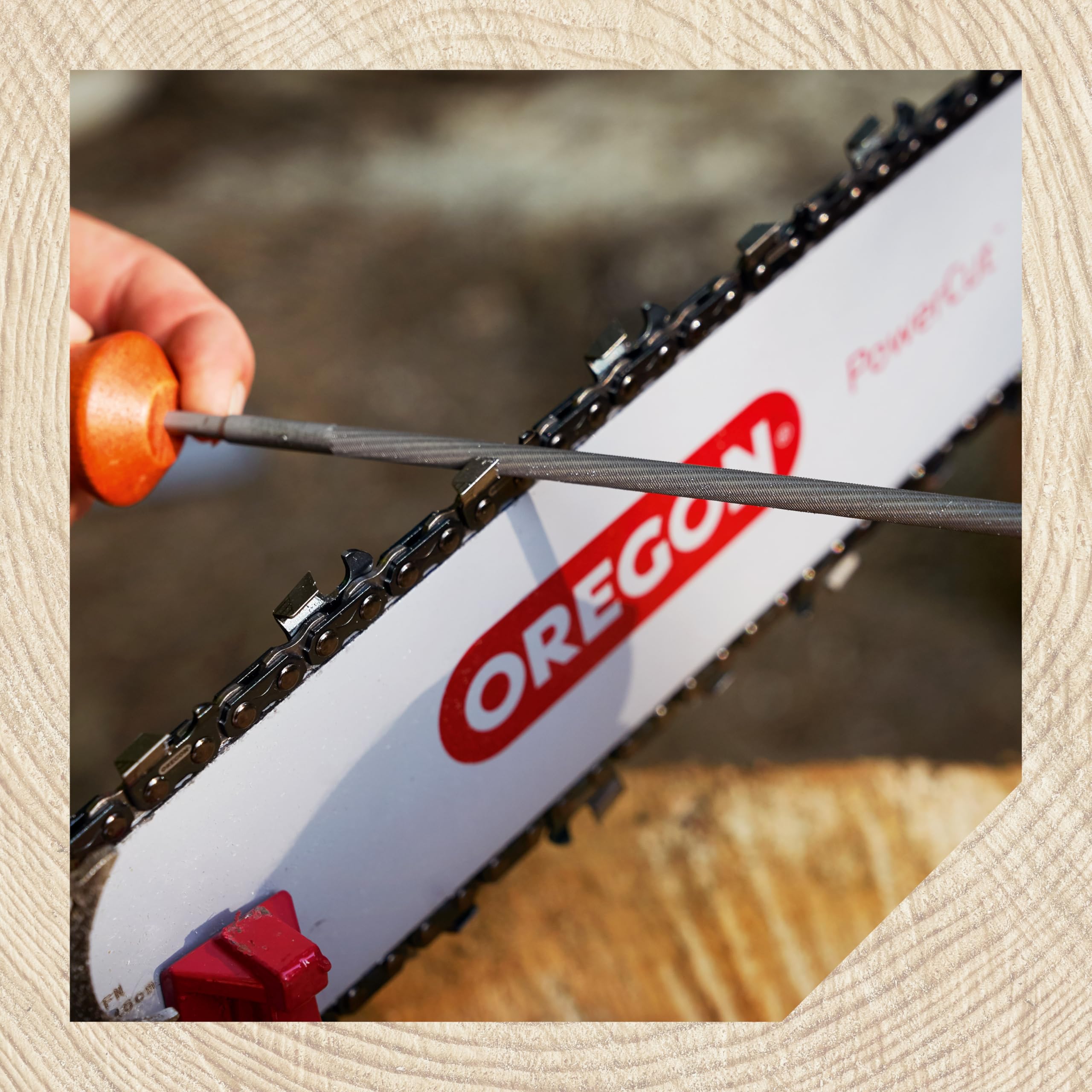 Oregon 3/8-404 chainsaw chain sharpening in action with smooth results.